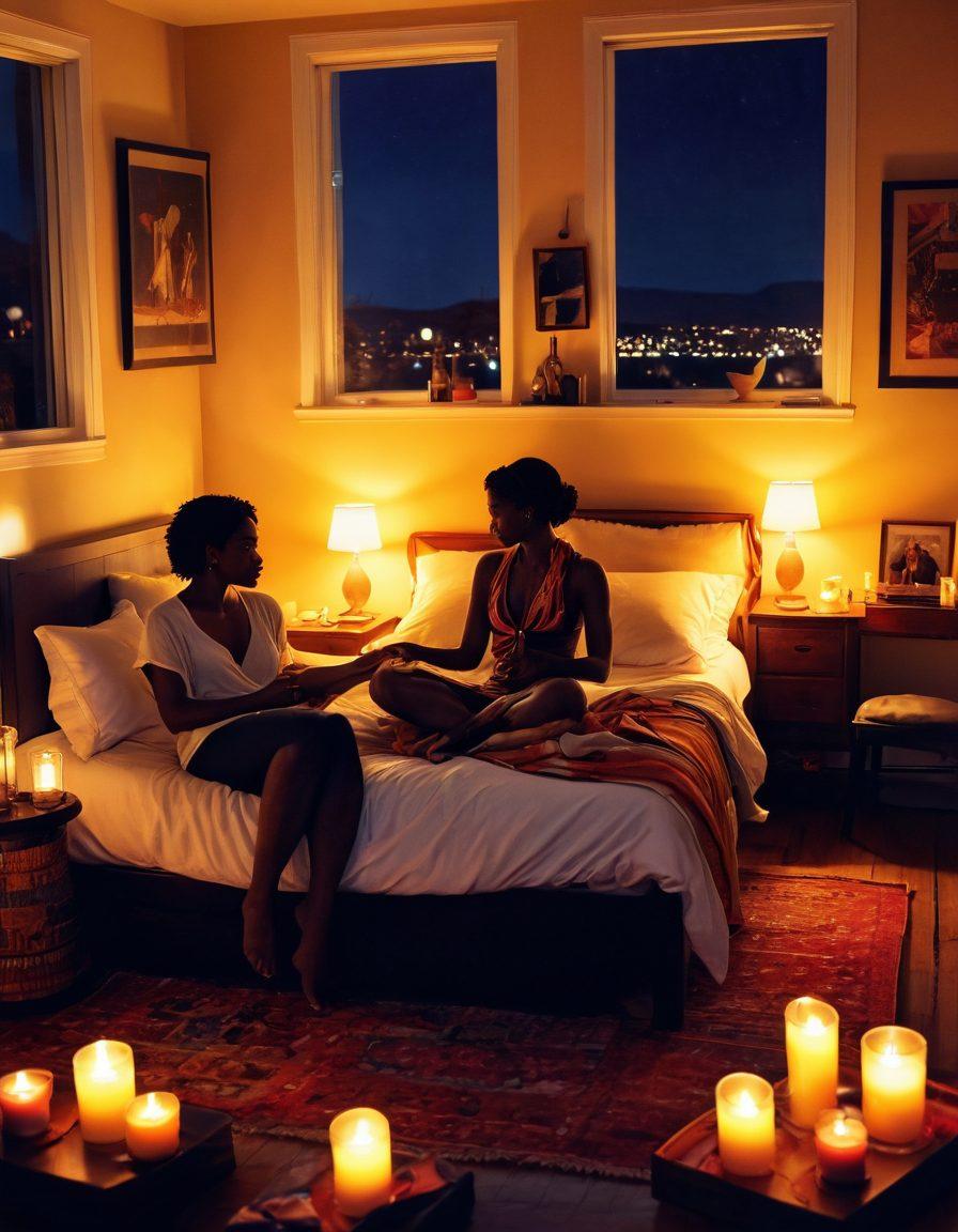 A cozy, softly lit bedroom scene featuring diverse couples engaging in intimate conversations, surrounded by artful representations of kinks and desires such as silk scarves and decorative candles. Include playful silhouettes of various positions subtly outlined in the background, inviting curiosity and exploration. The atmosphere should feel warm, inviting, and empowering, reflecting themes of openness and sexual wellness. vibrant colors. soft focus.