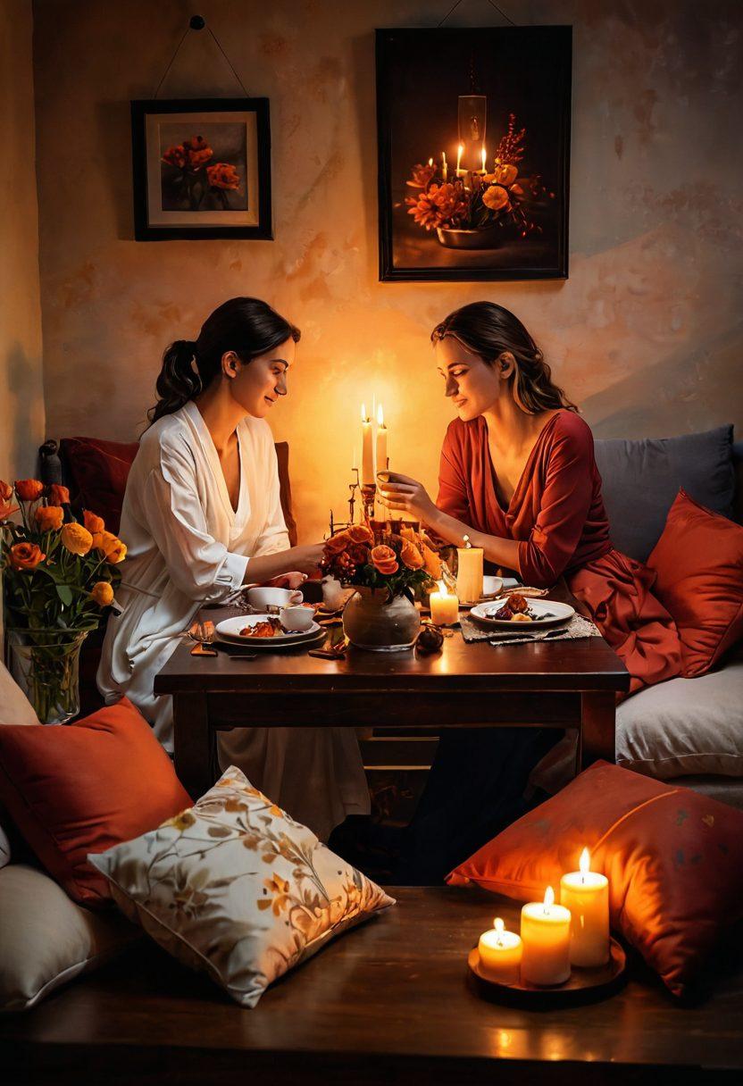A cozy, dimly lit room featuring a beautifully set table for two, adorned with aromatic spices, flickering candles, and soft cushions. In the background, a couple sharing a warm and intimate moment, surrounded by vibrant flowers and soft fabrics, suggesting a spicy yet tender ambiance. Highlight the essence of secret pleasures in the atmosphere. painting. warm tones. soft focus.